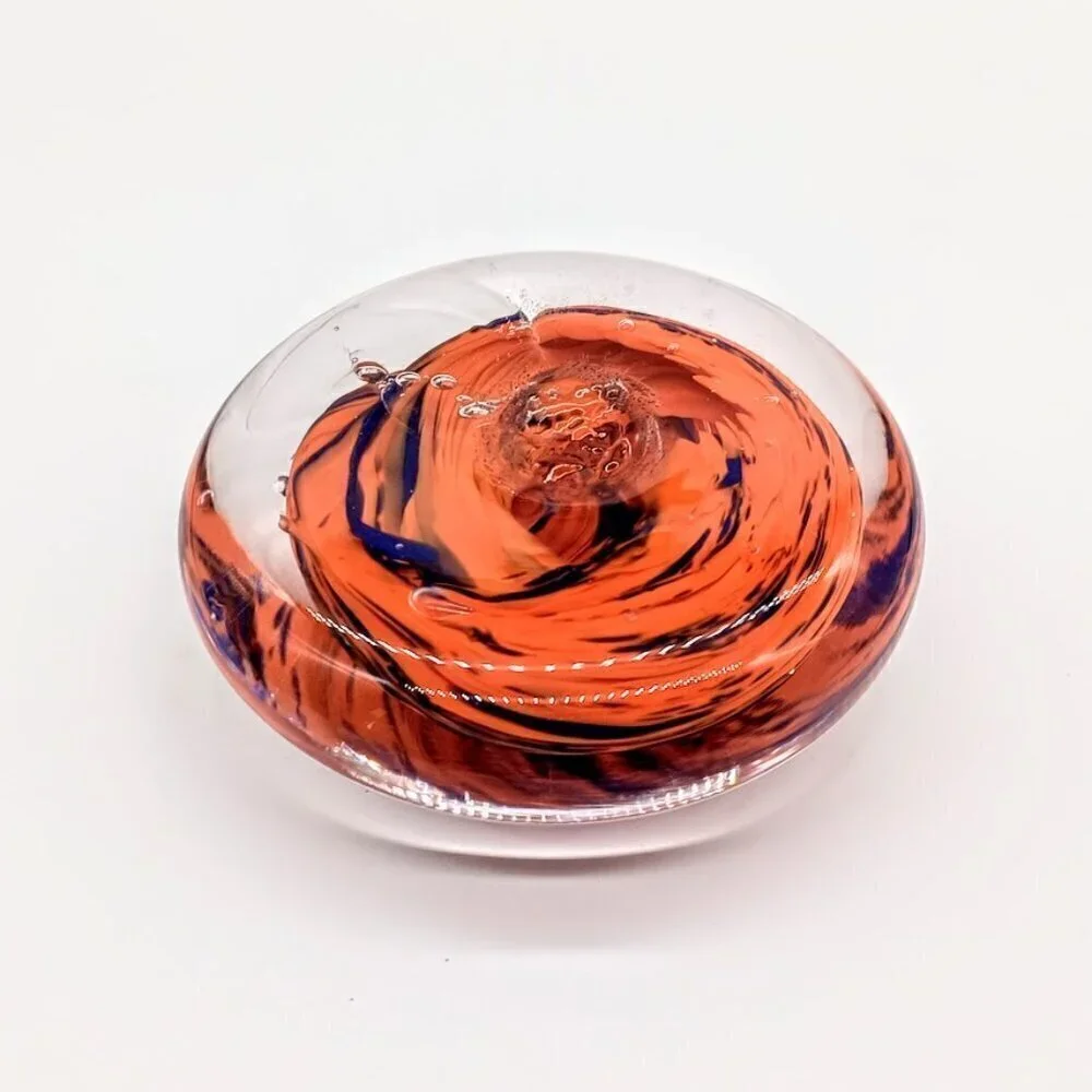 Handblown Orange Purple Swirl Art Glass Round Paperweight